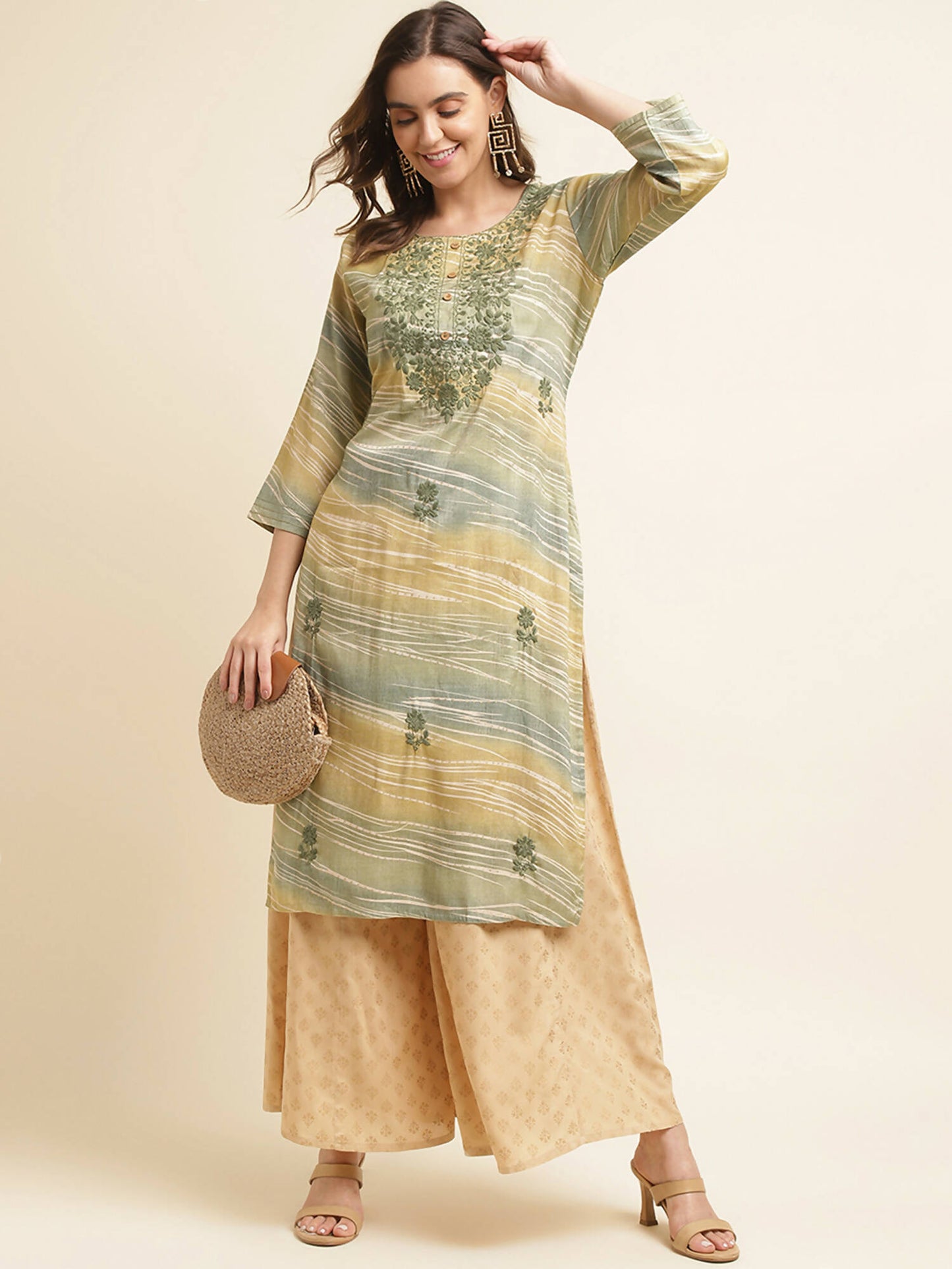 Green Poly Rayon Stripe Printed Straight Fit Kurta - Prasuti - Distacart