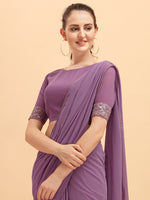 Thumbnail for Sangria Women Purple Solid Georgette Saree with Embellished Belt - Distacart