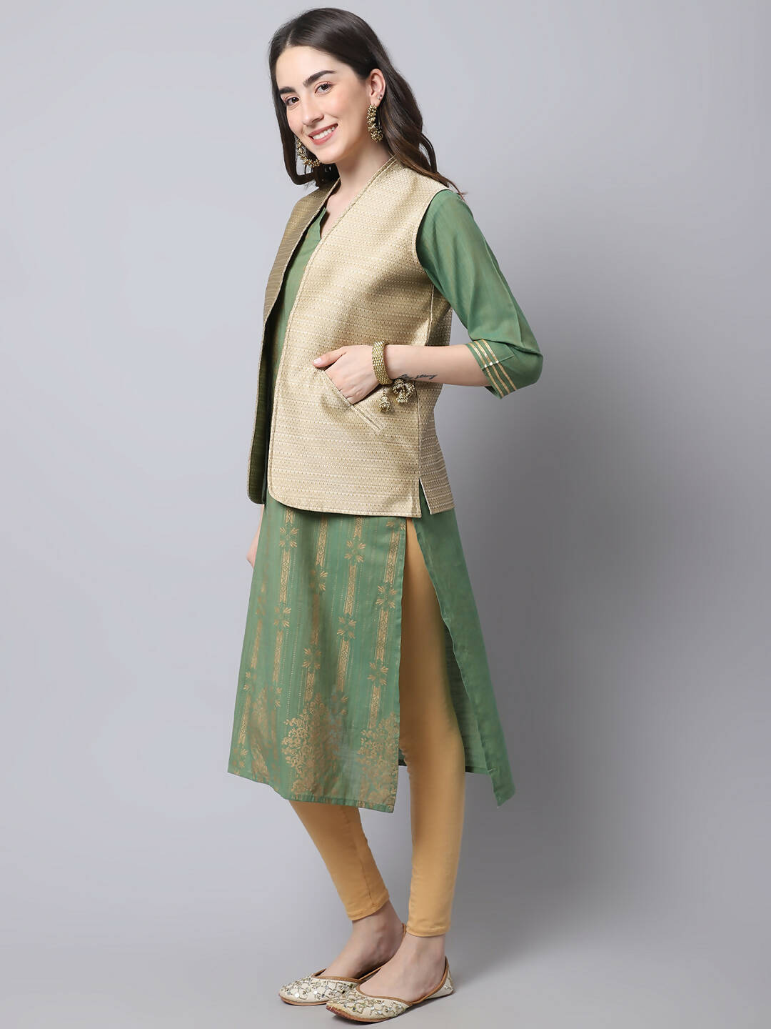Even Apparels Beige Bansari Silk Open Front Gillet - Distacart