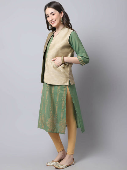 Even Apparels Beige Bansari Silk Open Front Gillet - Distacart