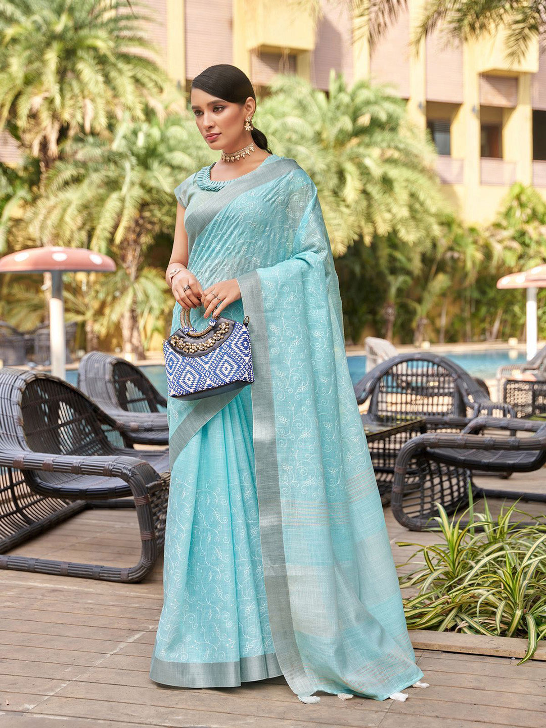 Mitera Blue & Silver-Toned Floral Embroidered Zari Pure Linen Banarasi Saree - Distacart