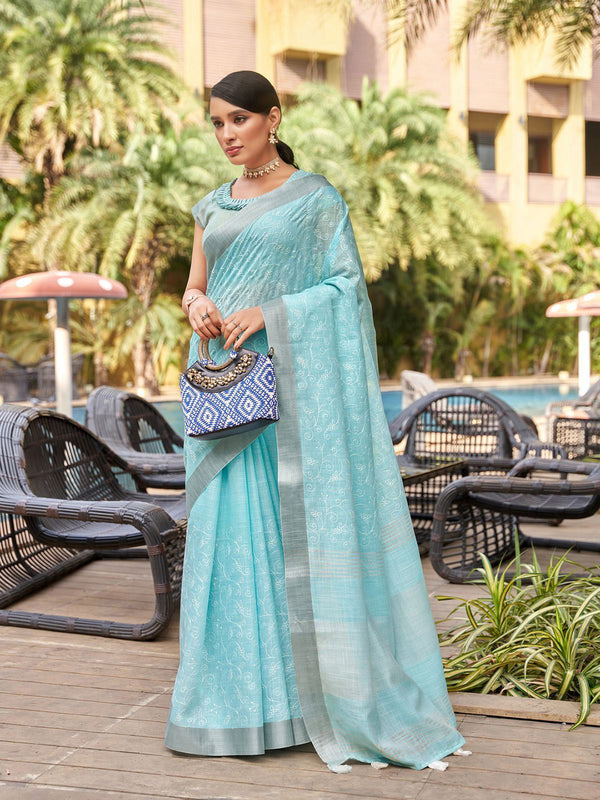 Mitera Blue & Silver-Toned Floral Embroidered Zari Pure Linen Banarasi Saree - Distacart