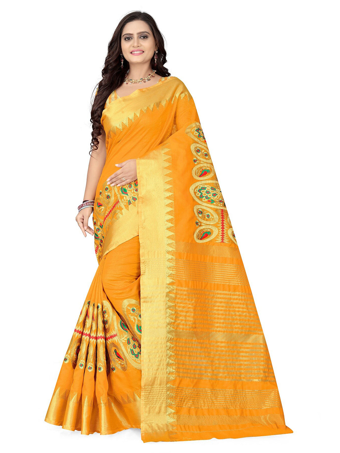 Kalini Yellow & Gold-Toned Woven Design Zari Silk Cotton Bagh Saree - Distacart