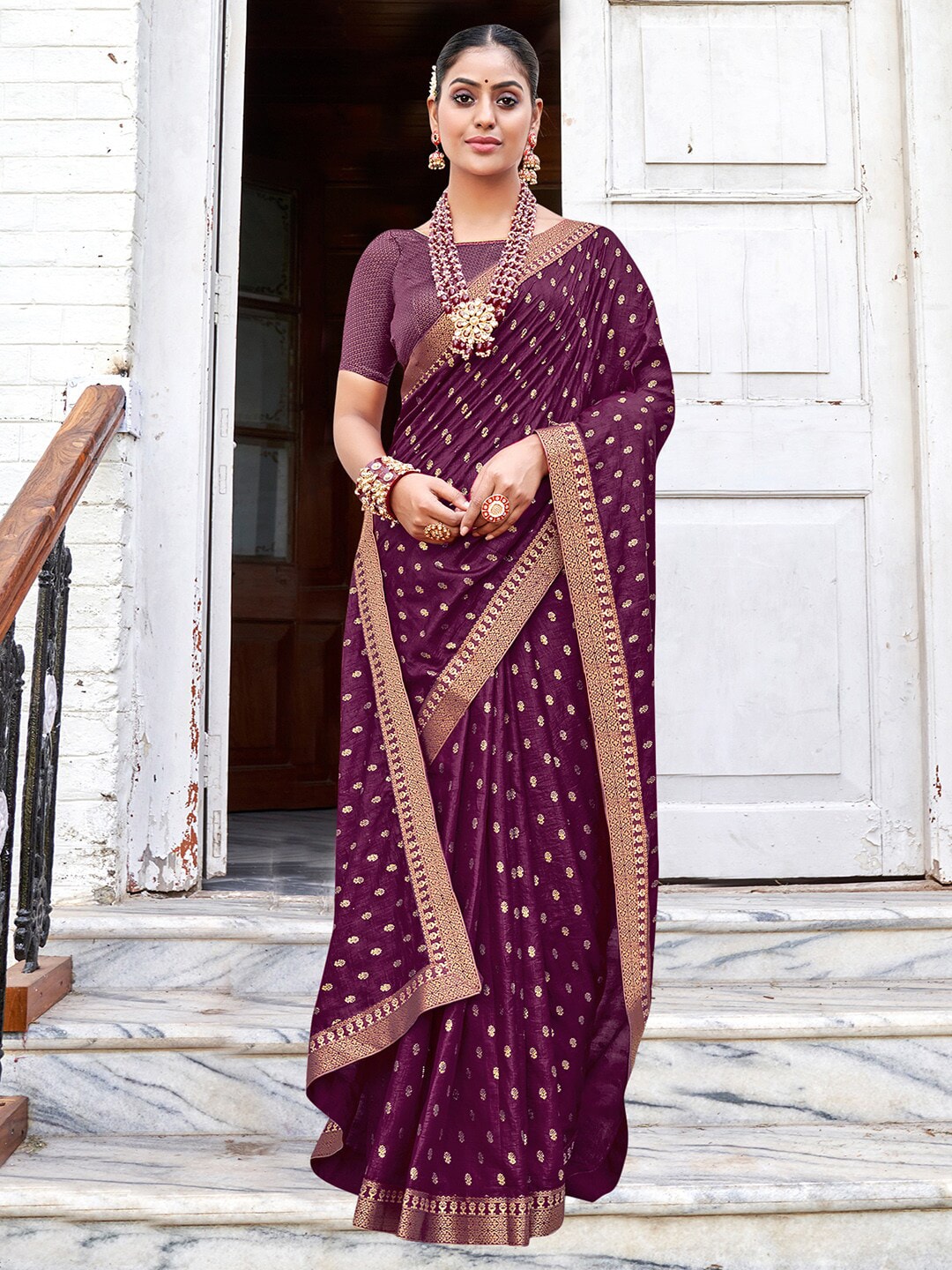 Saree Mall Purple & Gold-Toned Ethnic Motifs Printed Zari Sarees - Distacart