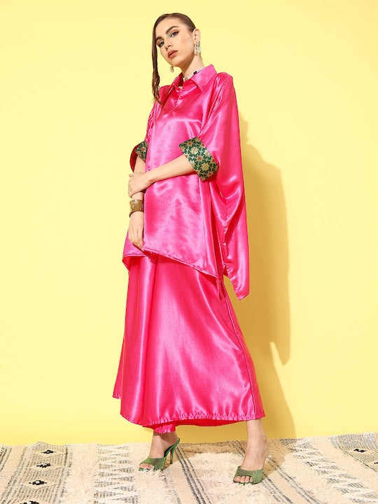 InWeave Women's Pink Green Brocade Satin Boho Kurta Palazzo Set - Distacart