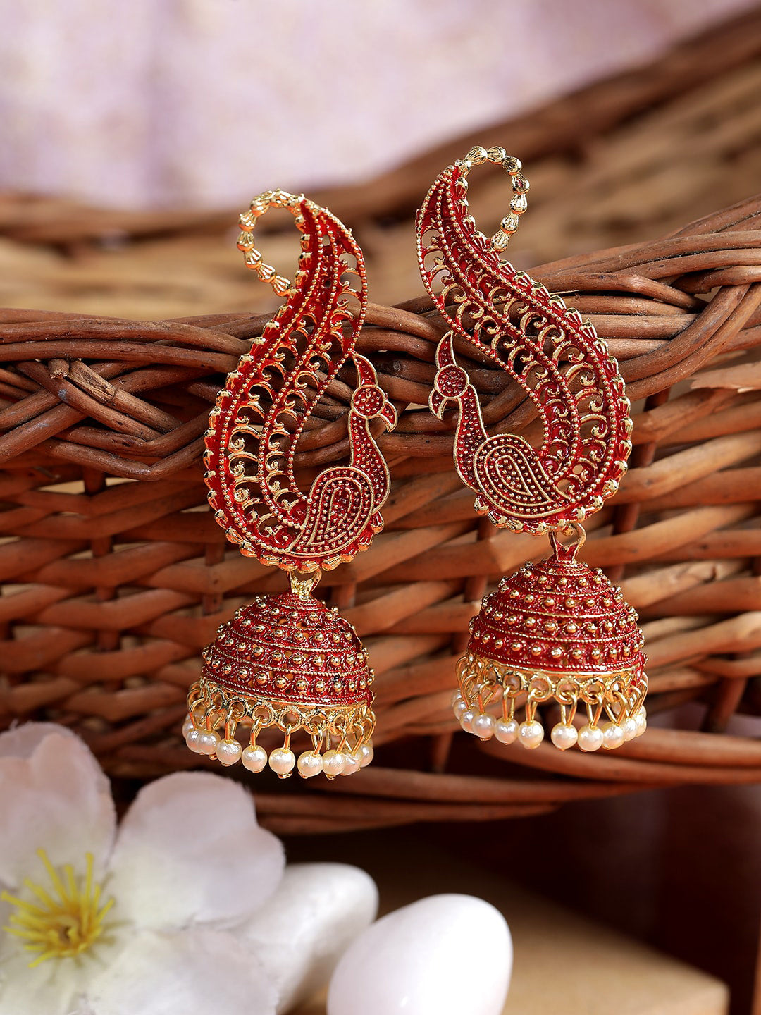 Anikas Creation Red & Gold-Plated Peacock Shaped Jhumkas - Distacart