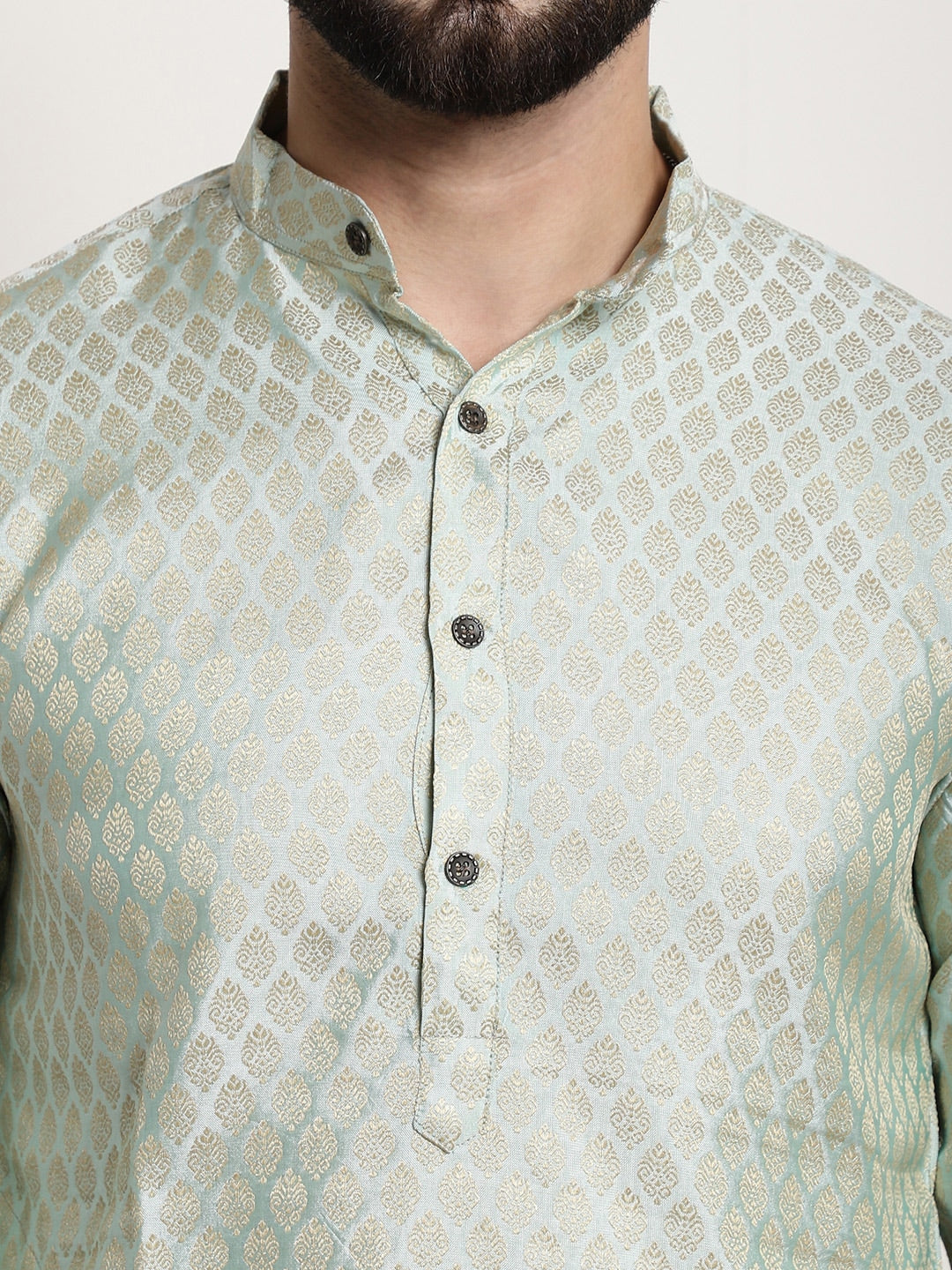 Sojanya Men Green & Beige Ethnic Motifs Jacquard Woven Design Straight Kurta - Distacart