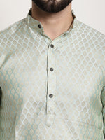 Thumbnail for Sojanya Men Green & Beige Ethnic Motifs Jacquard Woven Design Straight Kurta - Distacart