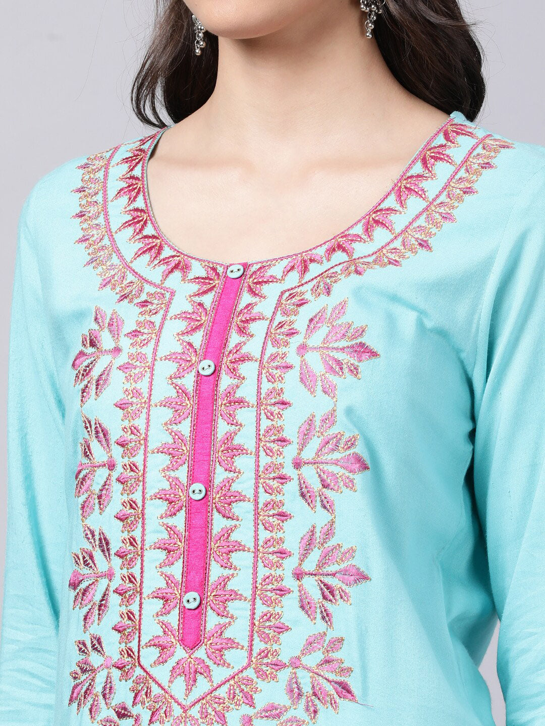 Souchii Women Blue & Pink Embroidered Round Neck Straight Kurta - Distacart