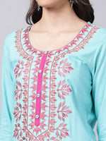 Thumbnail for Souchii Women Blue & Pink Embroidered Round Neck Straight Kurta - Distacart