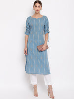 Thumbnail for Janasya Blue Printed Straight Kurta - Distacart