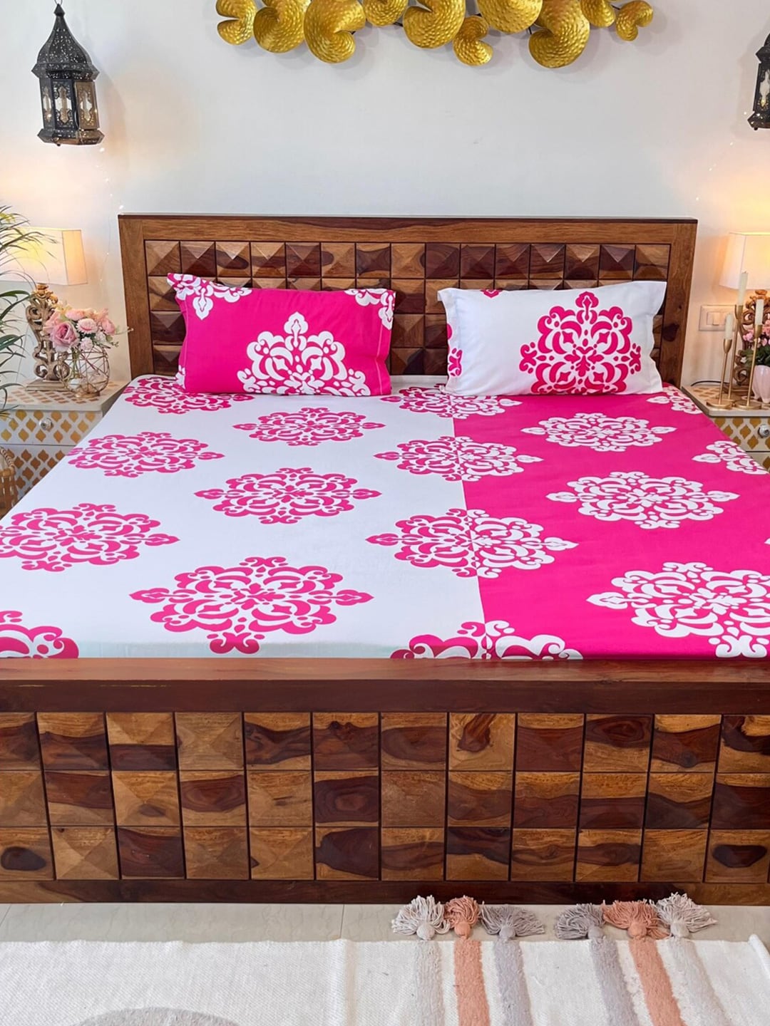 URBAN SPACE Divine White Ethnic Motifs 144 TC Cotton Queen Bedsheet & 2 Pillow Covers - Distacart