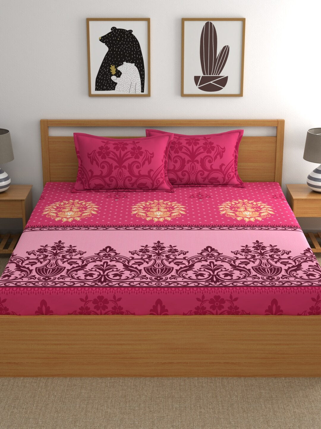 Dreamscape Pink & Cream-Coloured 140 TC Pure Cotton King Bedsheet with 2 Pillow Covers - Distacart