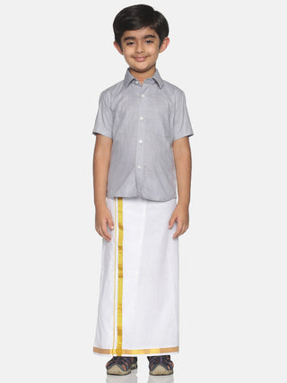 Sethukrishna Boys Grey & White Solid Shirt and Veshti Set - Distacart