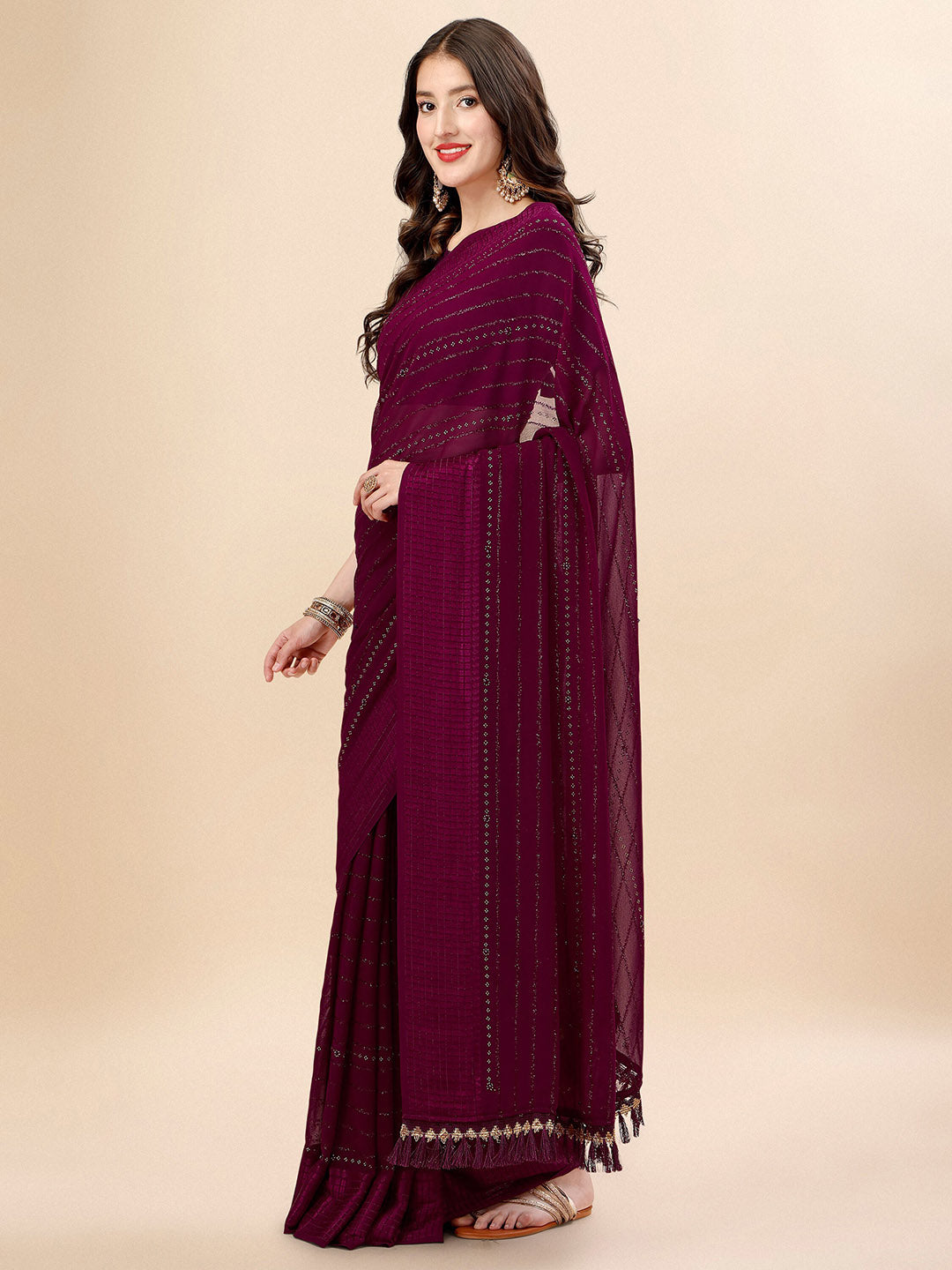 Mitera Purple & Black Striped Stone Work Pure Chiffon Saree - Distacart