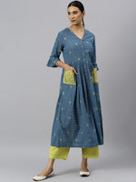 Thumbnail for Khushal K Women Blue Geometric Striped Flared Sleeves Anarkali Kurta - Distacart