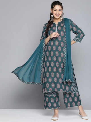HERE&NOW Women Ethnic Motifs Printed Gotta Patti Kurta With Palazzos & With Dupatta - Distacart