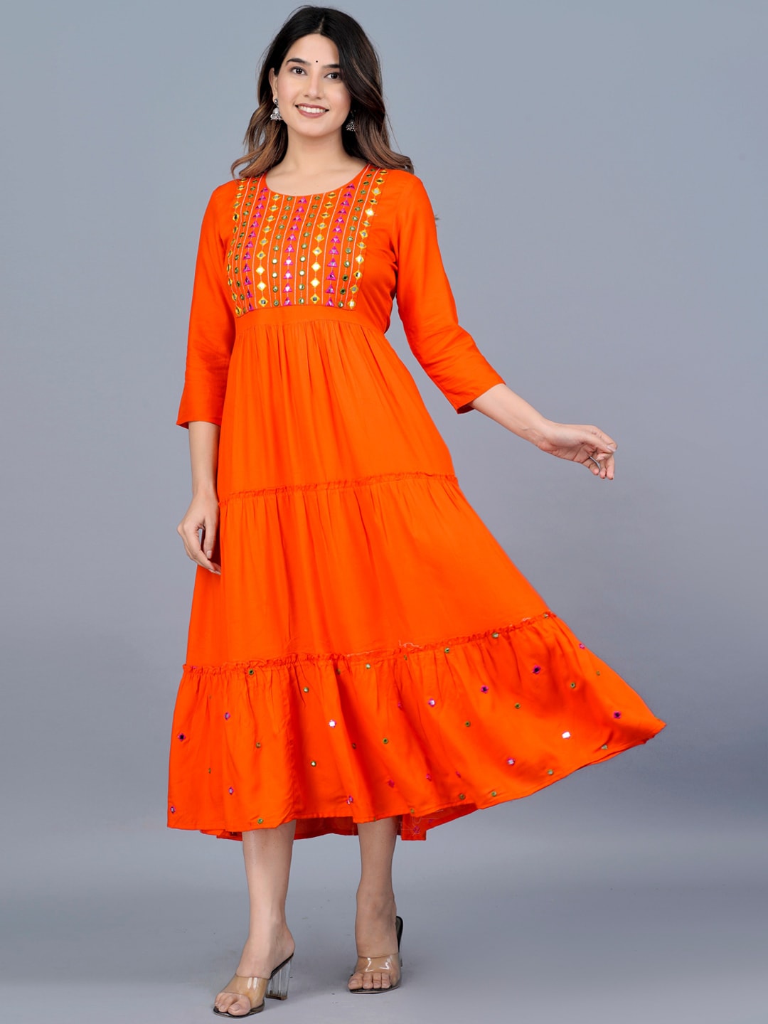 Kalini Women Embroidered Mirror Work Tiering Anarkali Kurta - Distacart