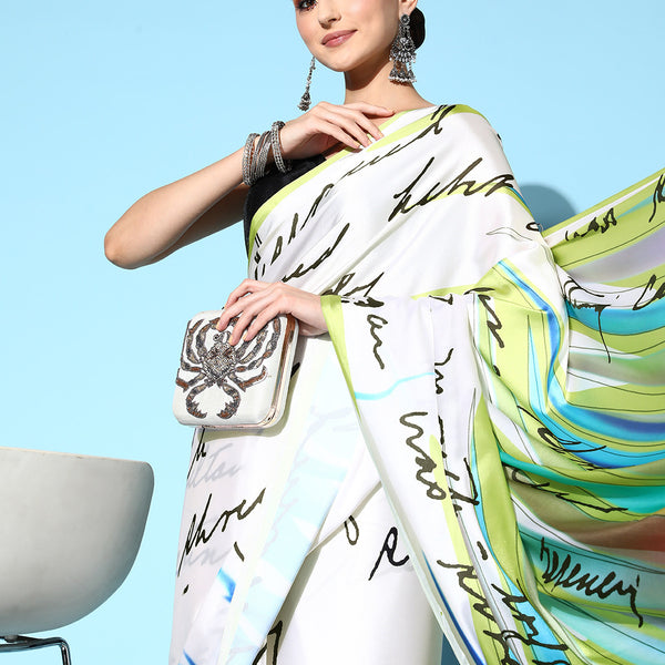 Tikhi Imli Off White & Green Abstract Print Satin Saree - Distacart