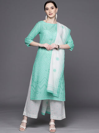 Biba Women Sea Green & White Bandhani Print Pure Cotton Kurta with Palazzos & Dupatta - Distacart