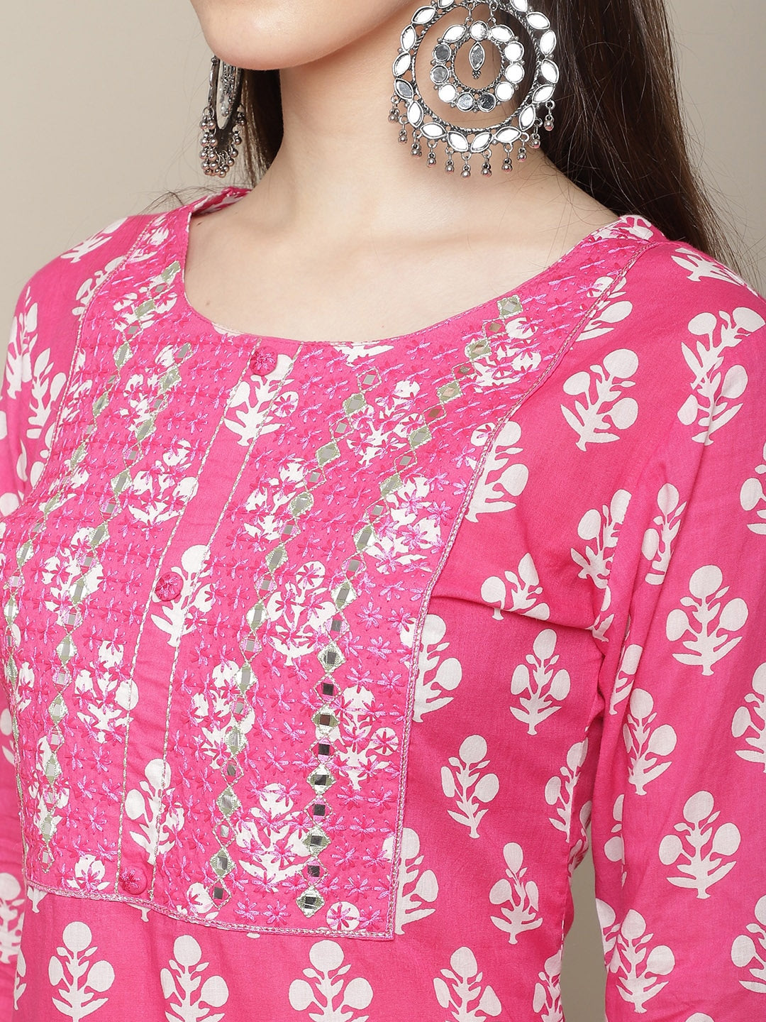 Sangria Women Floral Printed Mirror Work Pure Cotton Kurti with Trousers & Dupatta - Distacart