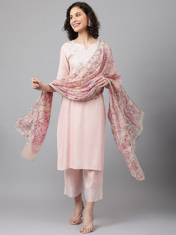 Khushal K Gotta Patti Notched Neck Kurta with Trousers & Dupatta - Distacart