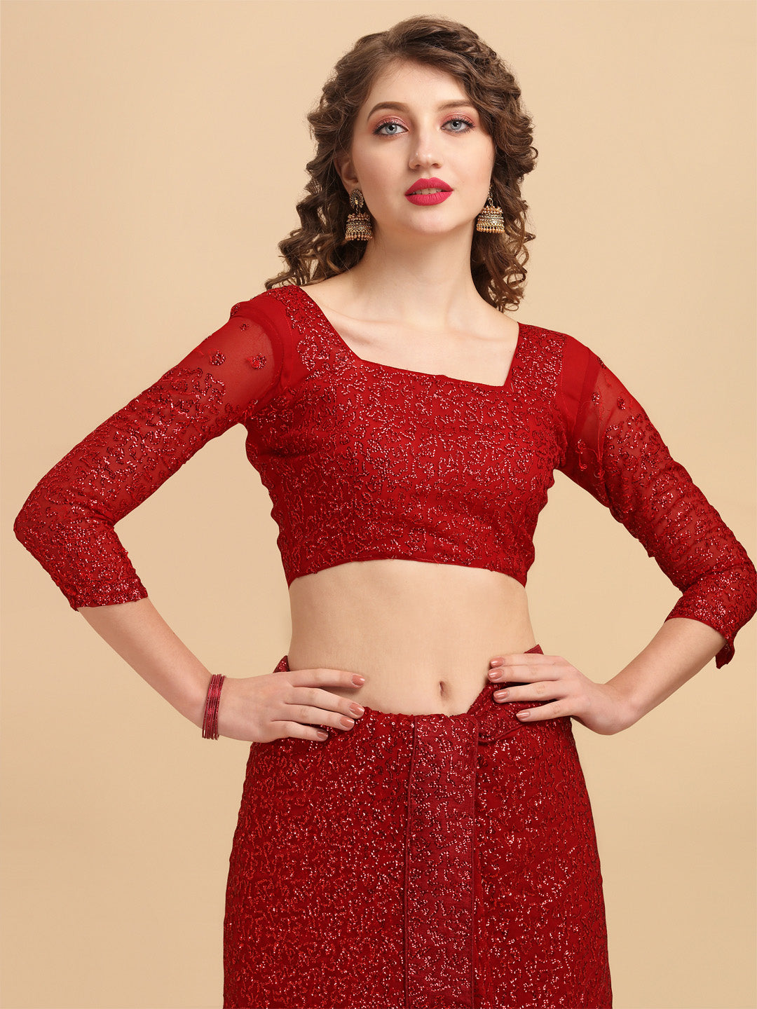 Sangria Maroon Embellished Sequinned Pure Georgette Saree - Distacart