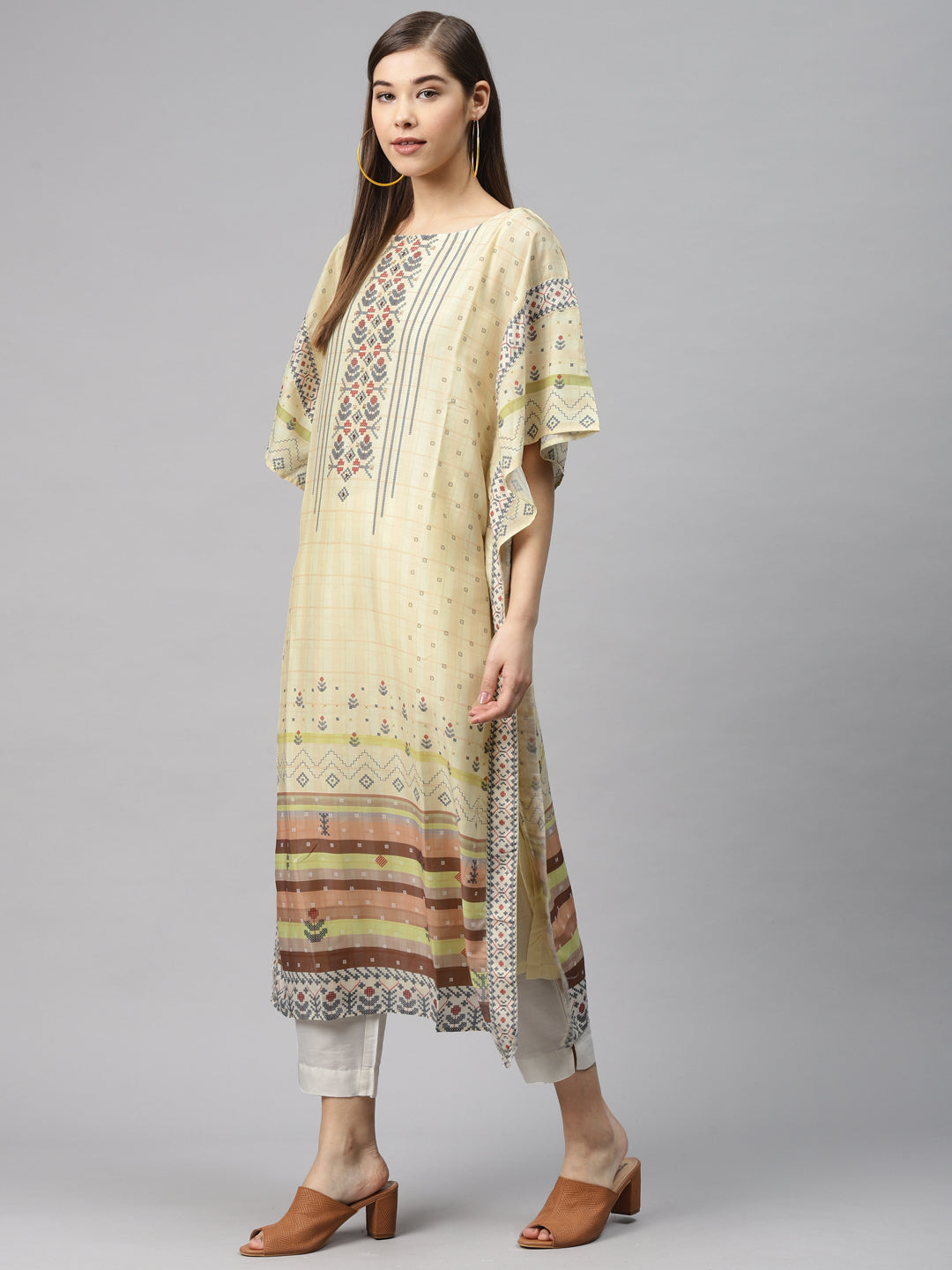 Biba Women Yellow & Navy Blue Printed Kaftan Kurta - Distacart