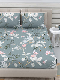 Thumbnail for DREAM WEAVERZ Grey & White Floral 220 TC Queen Bedsheet with 2 Pillow Covers - Distacart