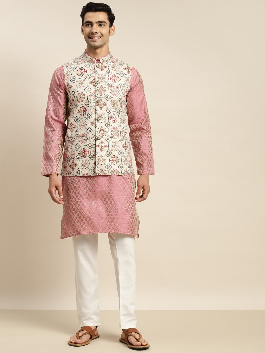 Sojanya Men Pink Ethnic Motifs Kurta with Churidar & Nehru Jacket - Distacart