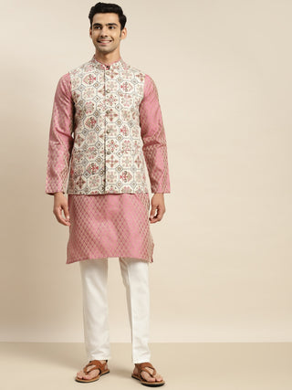 Sojanya Men Pink Ethnic Motifs Kurta with Churidar & Nehru Jacket - Distacart