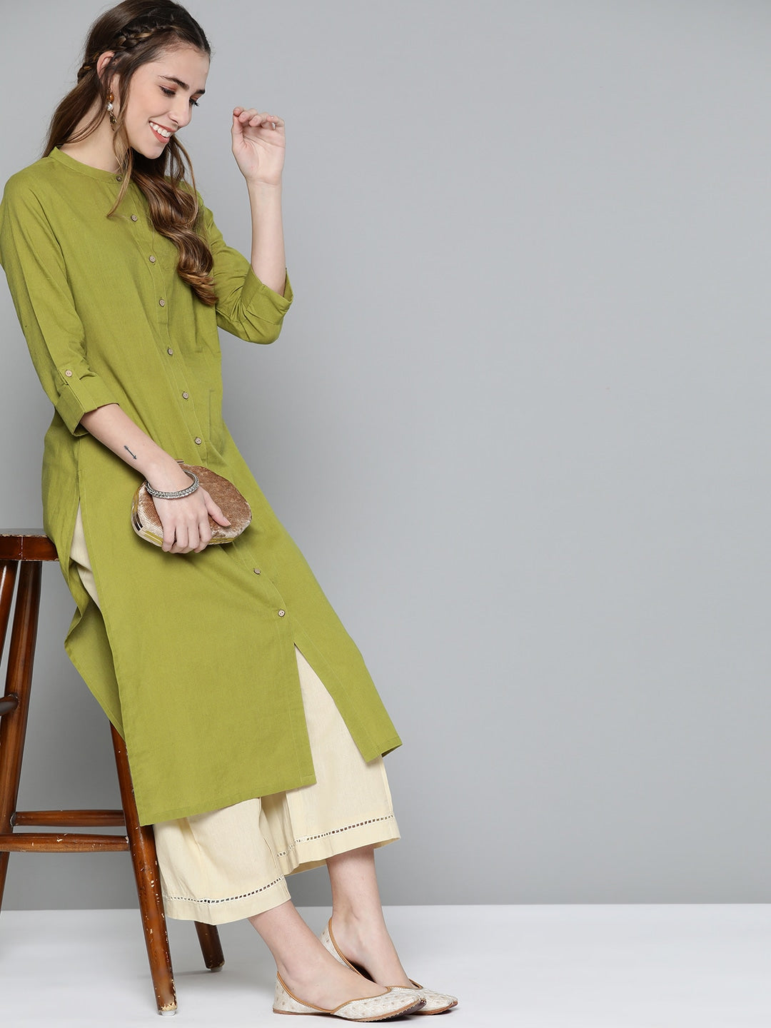 HERE&NOW Women Olive Green Solid Pure Cotton Kurta - Distacart