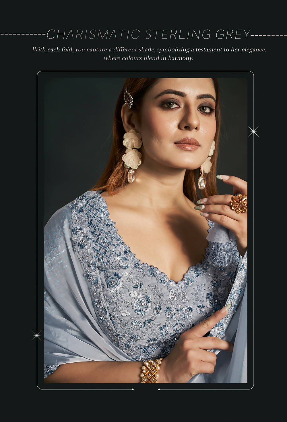 Grey Silk Crepe Satin Cord Sequence & Thread Embroidered & Stone Work Saree - Moh-Manthan Royal Enigma - Distacart