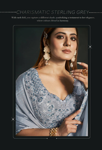 Grey Silk Crepe Satin Cord Sequence & Thread Embroidered & Stone Work Saree - Moh-Manthan Royal Enigma - Distacart