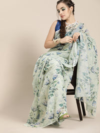 Thumbnail for Saree Mall Blue Floral Sequinned Linen Blend Chanderi Saree - Distacart