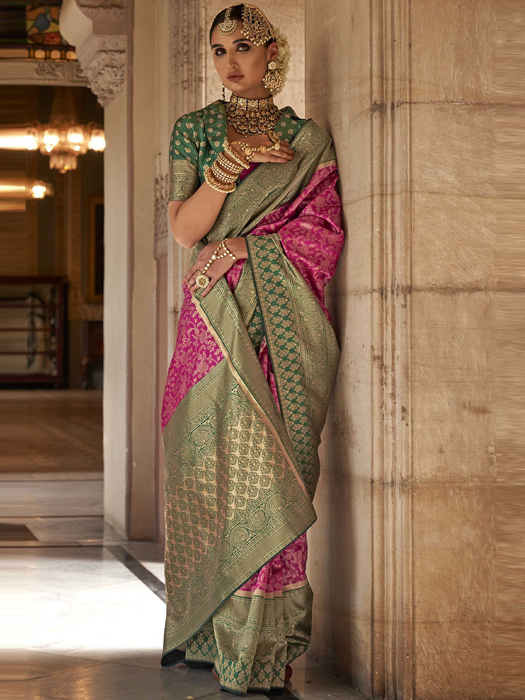 Mitera Pink & Green Floral Woven Design Zari Banarasi Saree - Distacart