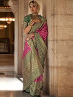 Thumbnail for Mitera Pink & Green Floral Woven Design Zari Banarasi Saree - Distacart