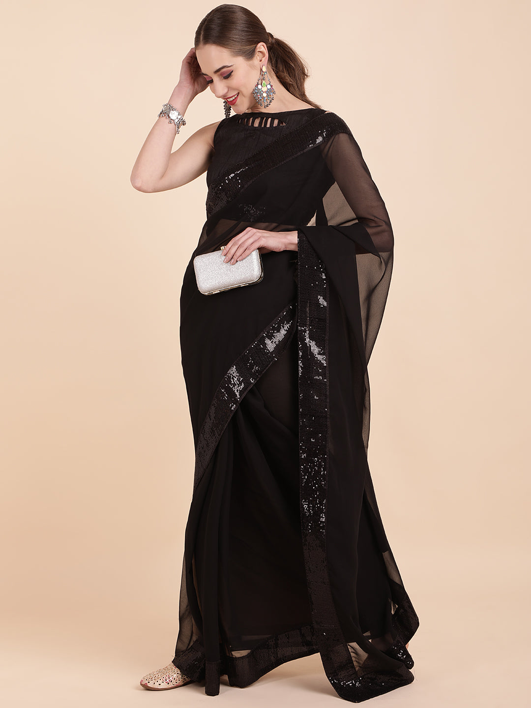 Sangria Black Sequinned Pure Georgette Saree - Distacart