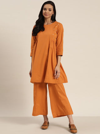 Sangria Women Rust Orange Solid Pure Cotton Kurta with Palazzos - Distacart