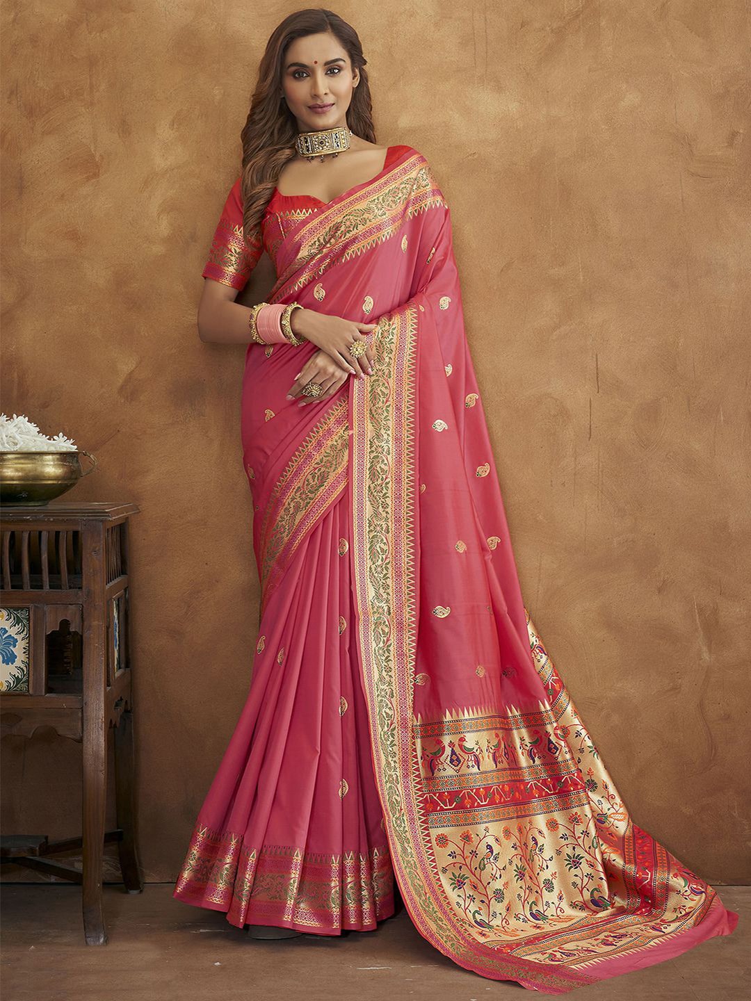 Mitera Pink & Beige Woven Design Zari Silk Blend Paithani Saree - Distacart