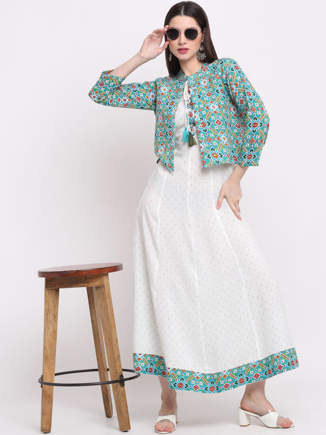 Kalini Women White & Sea Green Ethnic Motifs Printed Anarkali Kurta - Distacart