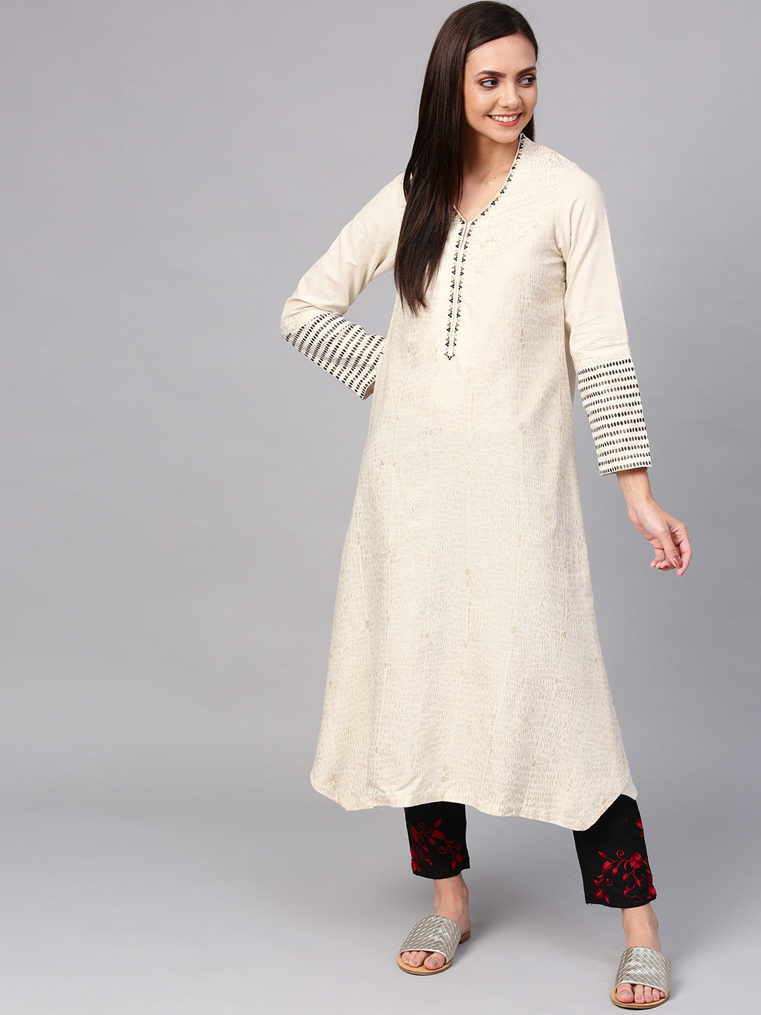 Biba Women Off-White & Golden Printed Asymmetric A-Line Kurta - Distacart