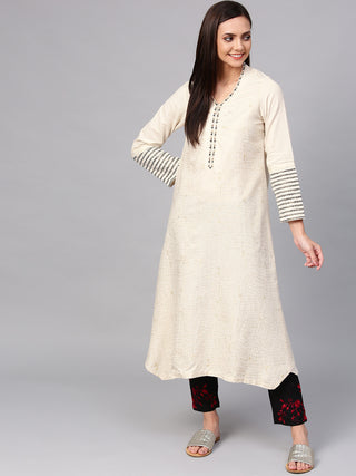 Biba Women Off-White & Golden Printed Asymmetric A-Line Kurta - Distacart