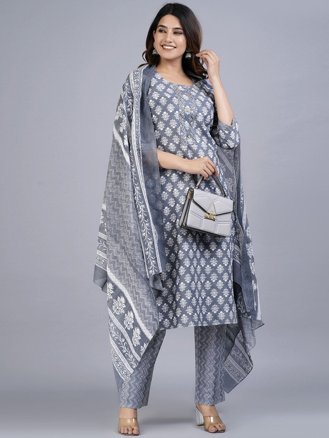 Kalini Women Grey Floral Printed Beads and Stones Pure Cotton Kurta with Trousers & With Dupatta - Distacart