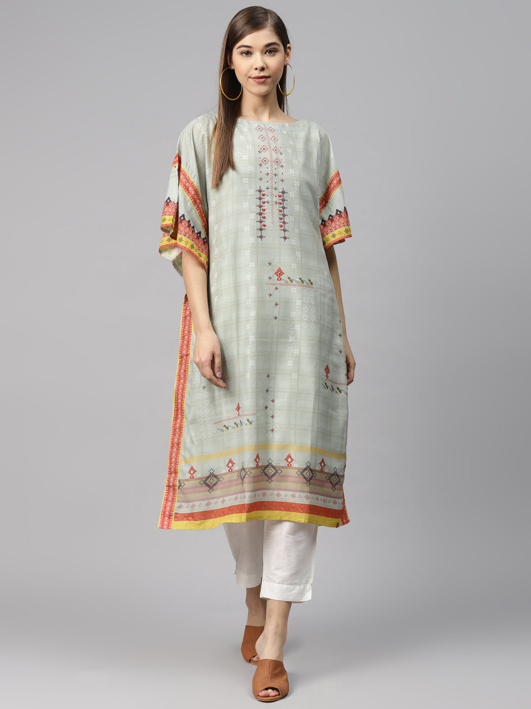 Biba Women Sea Green & Orange Printed Kaftan Kurta - Distacart