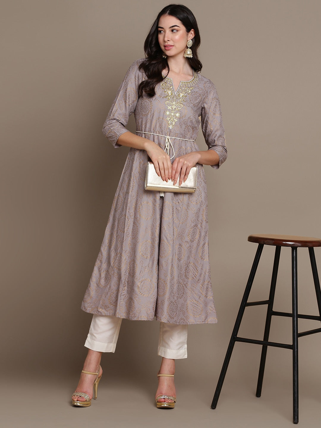 HERE&NOW Embroidered Bandhani Printed Notched Neck Thread Work Anarkali Kurta - Distacart