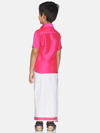 Thumbnail for Sethukrishna Boys Pink & White Solid Shirt and Veshti Set - Distacart