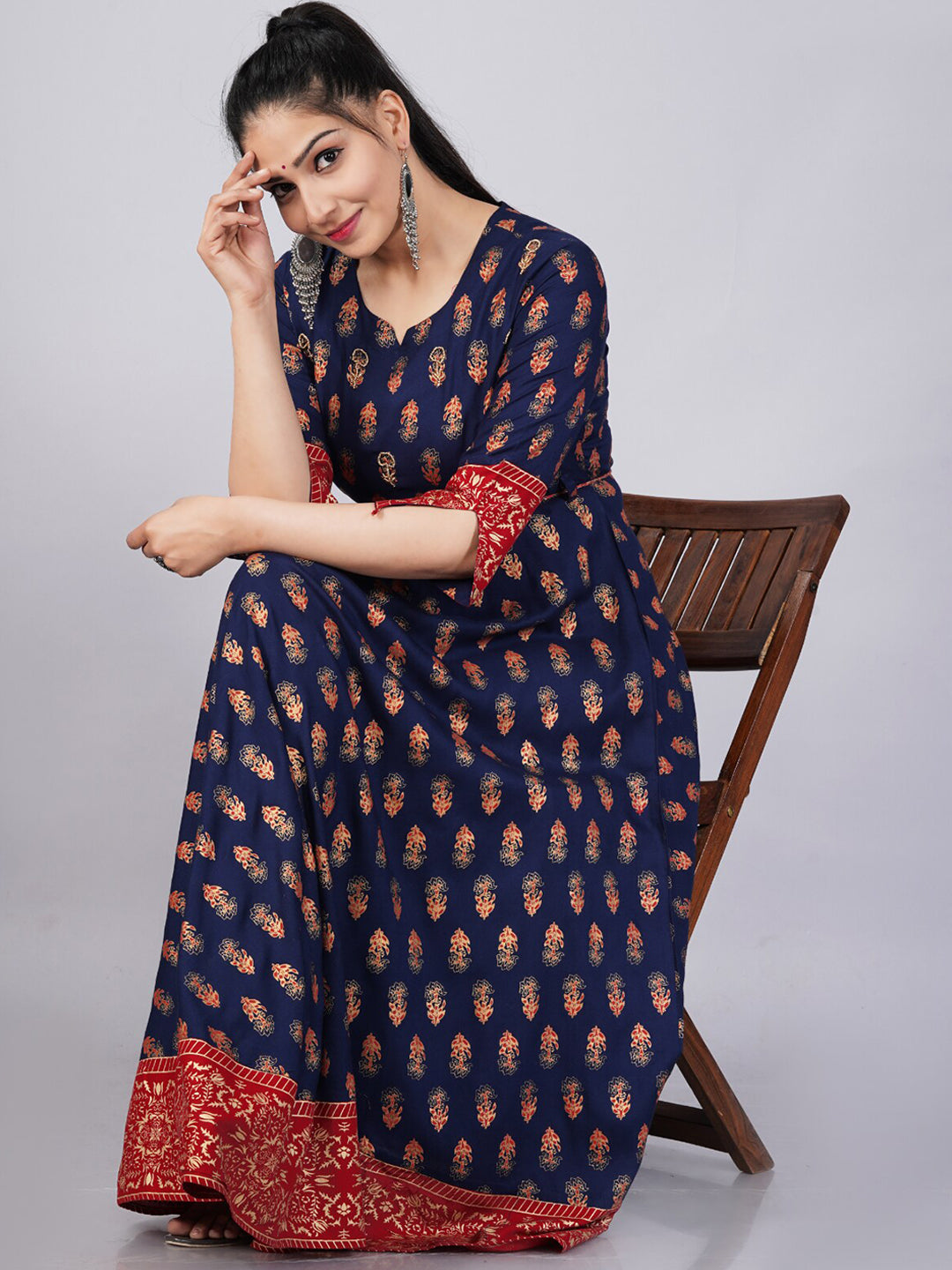 Kalini Women Navy Blue & Red Ethnic Motifs Printed Anarkali Kurta - Distacart