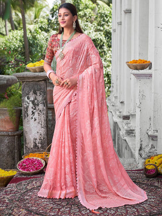 Saree Mall Floral Woven Design Pure Chiffon Beads & Stones Bagru Sarees - Distacart