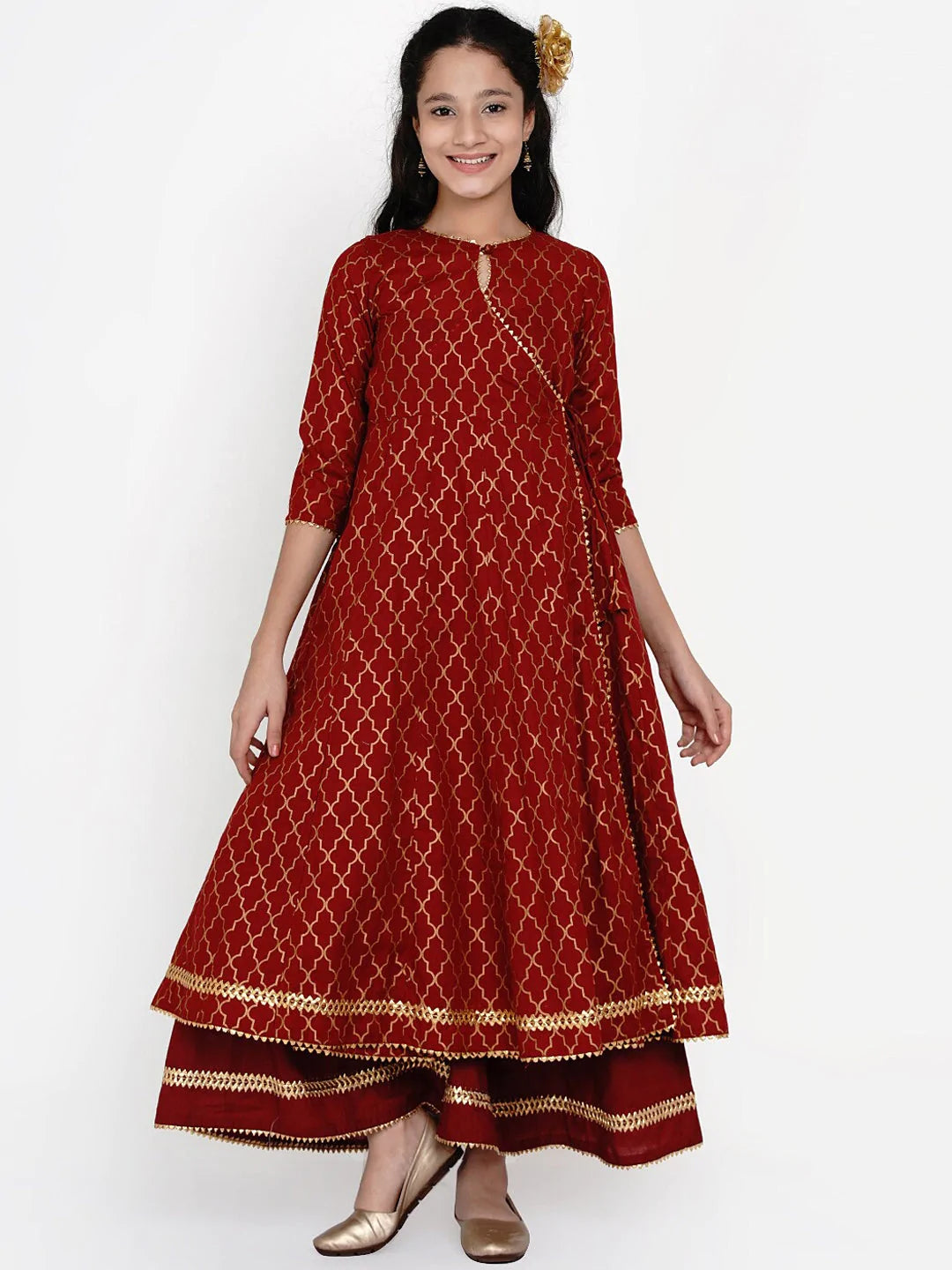 NOZ2TOZ Maroon & Gold Ethnic Motifs Foil Print Anarkali Kurta With Palazzos For Girls - Distacart